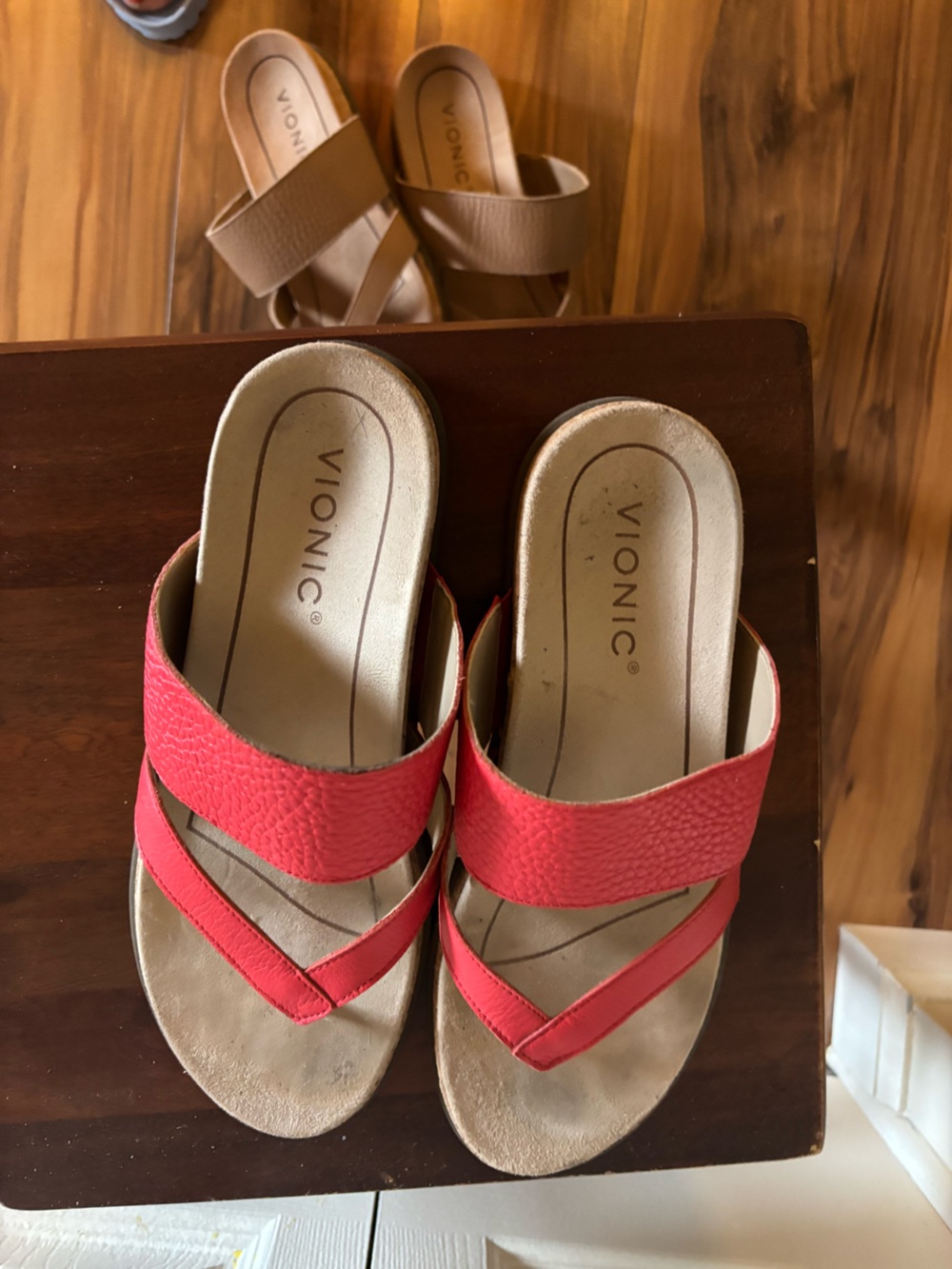 Vionic Coral-Red Leather Slide Sandals for Women